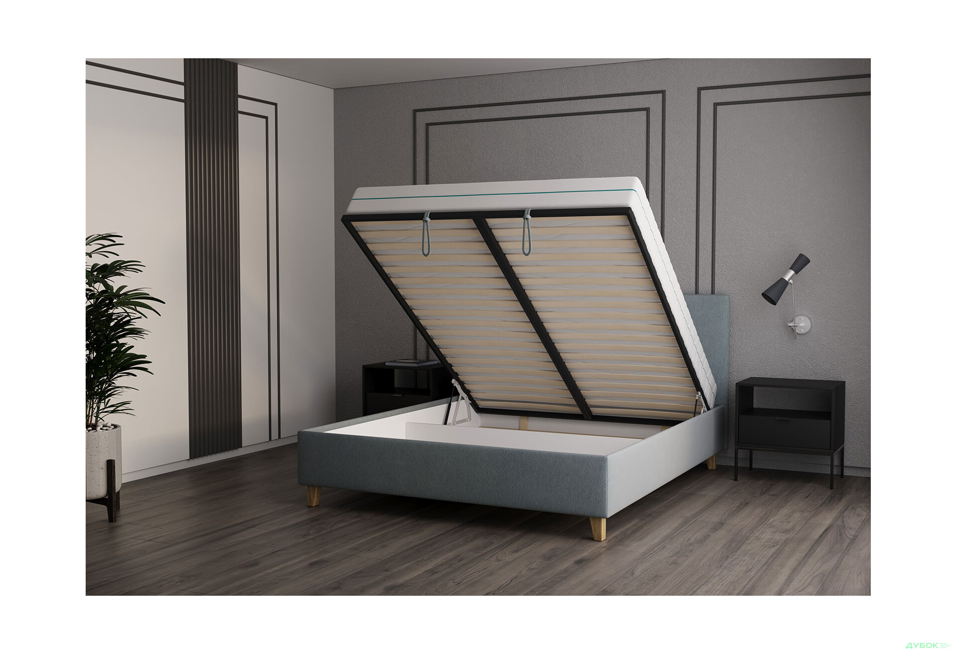 Ліжко VND Соло з підйомним механізмом 160х200 см, Делано 704 (сірий), ніжки лак - Зображення 3 Зображення 3 - Ліжко VND Соло з підйомним механізмом 160х200 см, Делано 704 (сірий), ніжки лак