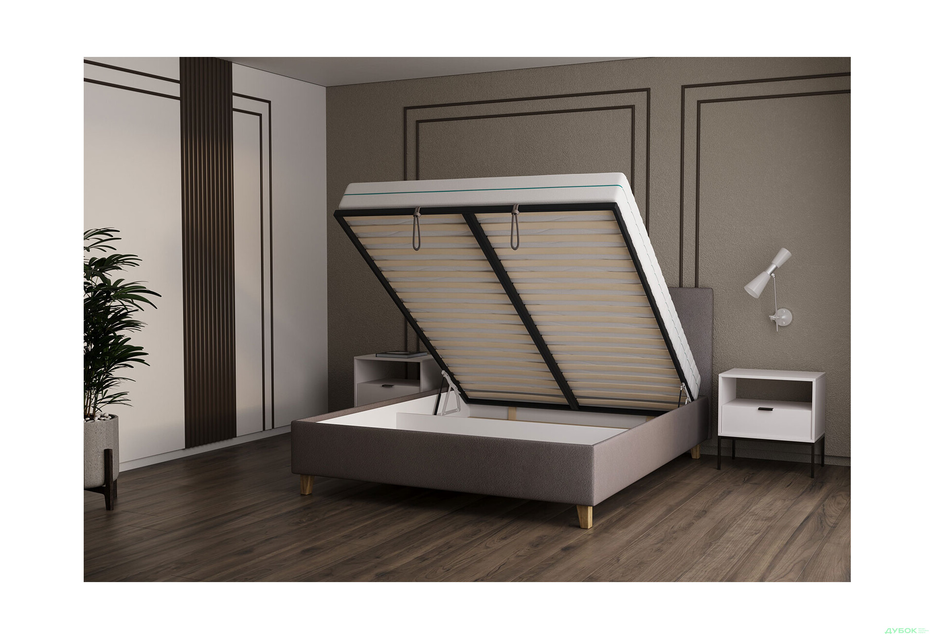 Ліжко VND Соло з підйомним механізмом 160х200 см, Siena 1005 Hazelnut (сірий), ніжки лак - Зображення 3 Зображення 3 - Ліжко VND Соло з підйомним механізмом 160х200 см, Siena 1005 Hazelnut (сірий), ніжки лак