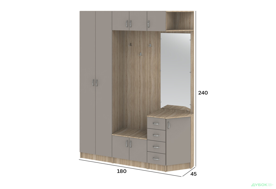Прихожая Киевский стандарт Классика Д 8-дверный правый с ящиками 180 см дуб сонома / кашемир - Изображение 4 Изображение 4 - Прихожая Киевский стандарт Классика Д 8-дверный правый с ящиками 180 см дуб сонома / кашемир