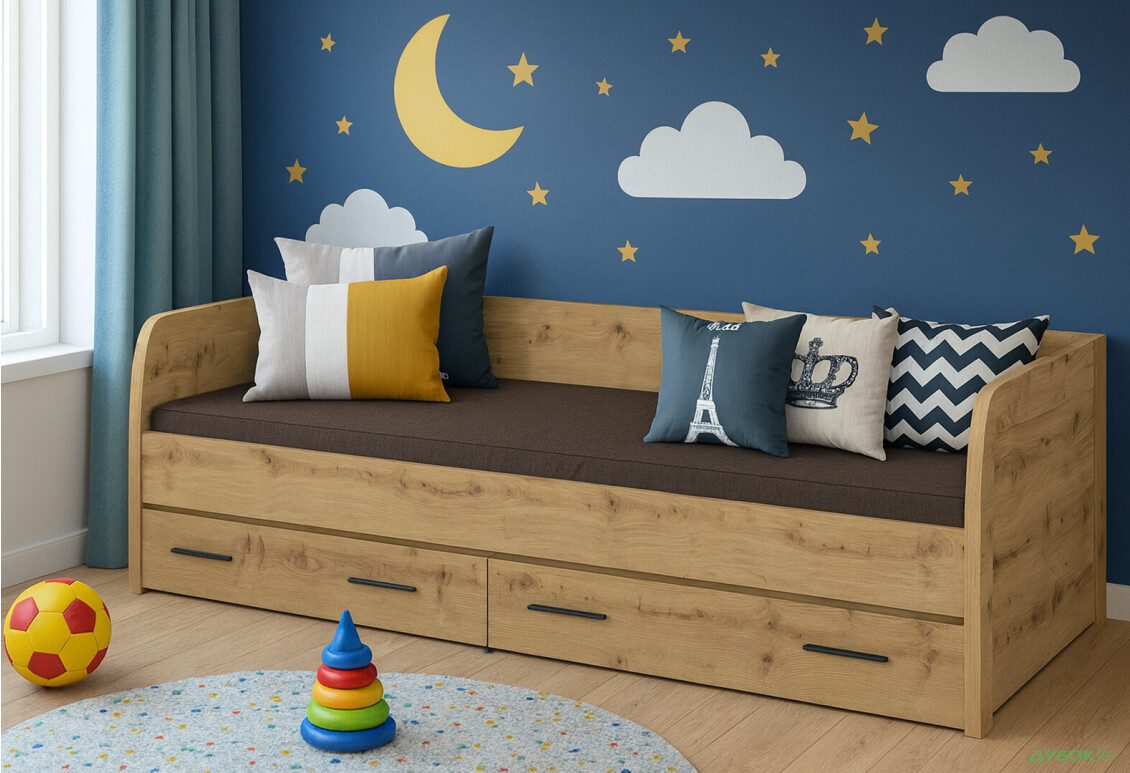 Ліжко VMV holding Айсон 90х200 см з матрацом та шухлядами, дуб артізан - Зображення 2 Зображення 2 - Ліжко VMV holding Айсон 90х200 см з матрацом та шухлядами, дуб артізан