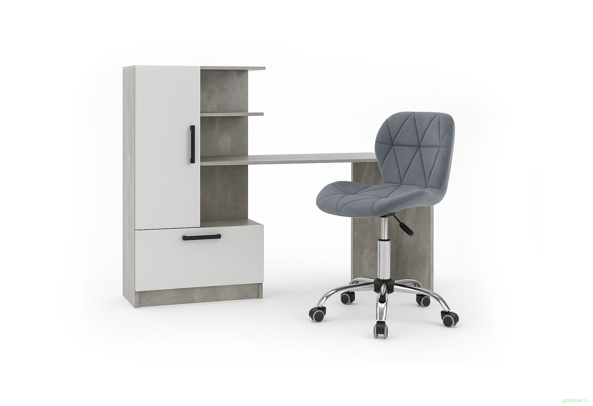 Стол компьютерный Garant Стандарт 150x59 см со стеллажом Индастриал / Нимфея альба, сборка левая с креслом Бетани бархат серый - Изображение 1 Изображение 1 - Стол компьютерный Garant Стандарт 150x59 см со стеллажом Индастриал / Нимфея альба, сборка левая с креслом Бетани бархат серый