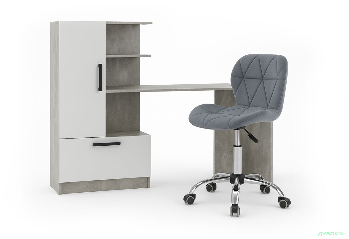 Стол компьютерный Garant Стандарт 150x59 см со стеллажом Индастриал / Нимфея альба, сборка левая с креслом Бетани бархат серый - Изображение 1 Изображение 1 - Стол компьютерный Garant Стандарт 150x59 см со стеллажом Индастриал / Нимфея альба, сборка левая с креслом Бетани бархат серый