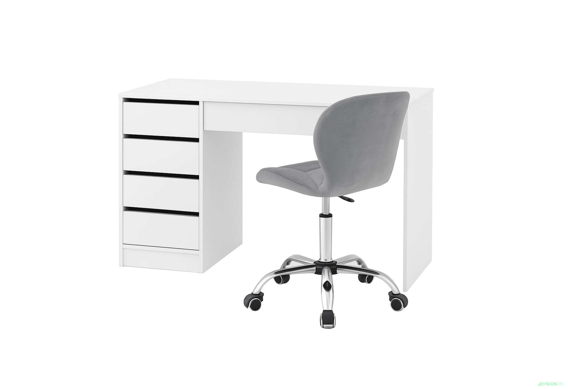 Зображення 1 - Стіл письмовий Kredens furniture Ерго / Ergo 110x55 см лівий з 5-ма шухлядами Білий та з кріслом Бетані сірий оксамит
