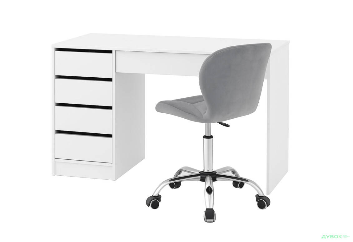 Стіл письмовий Kredens furniture Ерго / Ergo 110x55 см лівий з 5-ма шухлядами Білий та з кріслом Бетані сірий оксамит - Зображення 1 Зображення 1 - Стіл письмовий Kredens furniture Ерго / Ergo 110x55 см лівий з 5-ма шухлядами Білий та з кріслом Бетані сірий оксамит