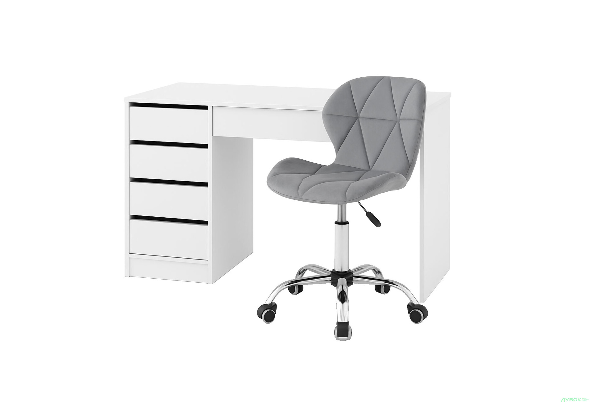 Стіл письмовий Kredens furniture Ерго / Ergo 110x55 см лівий з 5-ма шухлядами Білий та з кріслом Бетані сірий оксамит - Зображення 2 Зображення 2 - Стіл письмовий Kredens furniture Ерго / Ergo 110x55 см лівий з 5-ма шухлядами Білий та з кріслом Бетані сірий оксамит