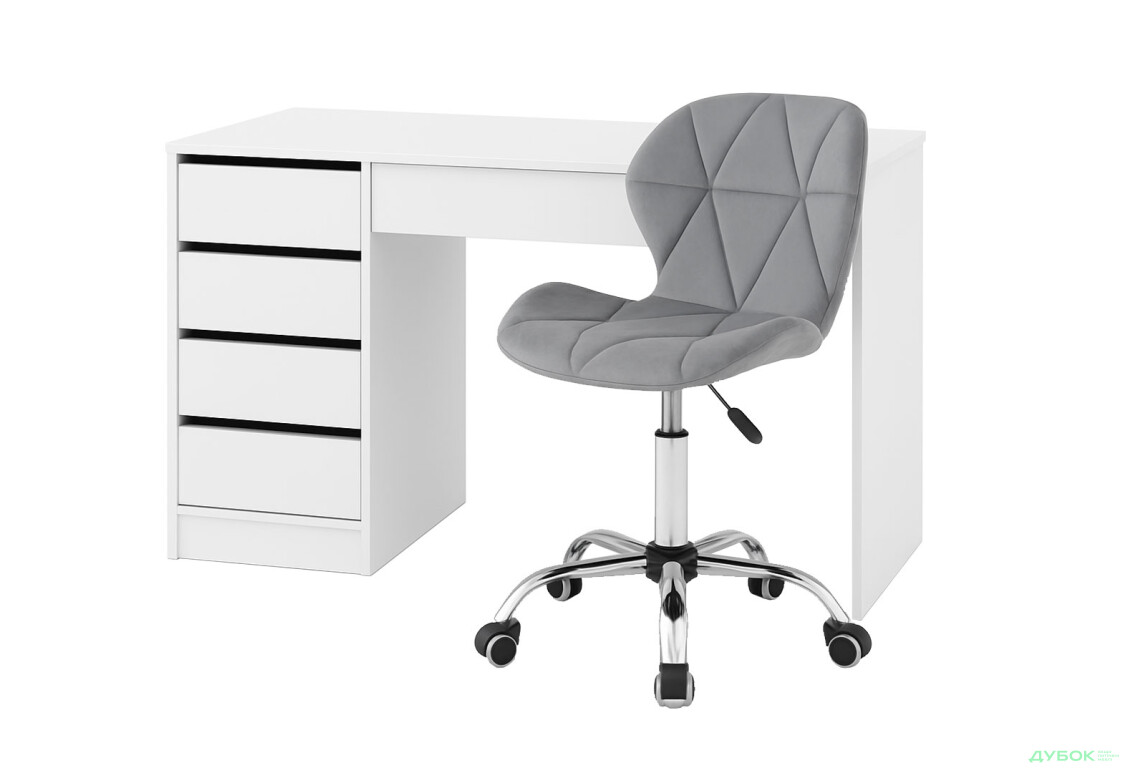 Зображення 2 - Стіл письмовий Kredens furniture Ерго / Ergo 110x55 см лівий з 5-ма шухлядами Білий та з кріслом Бетані сірий оксамит