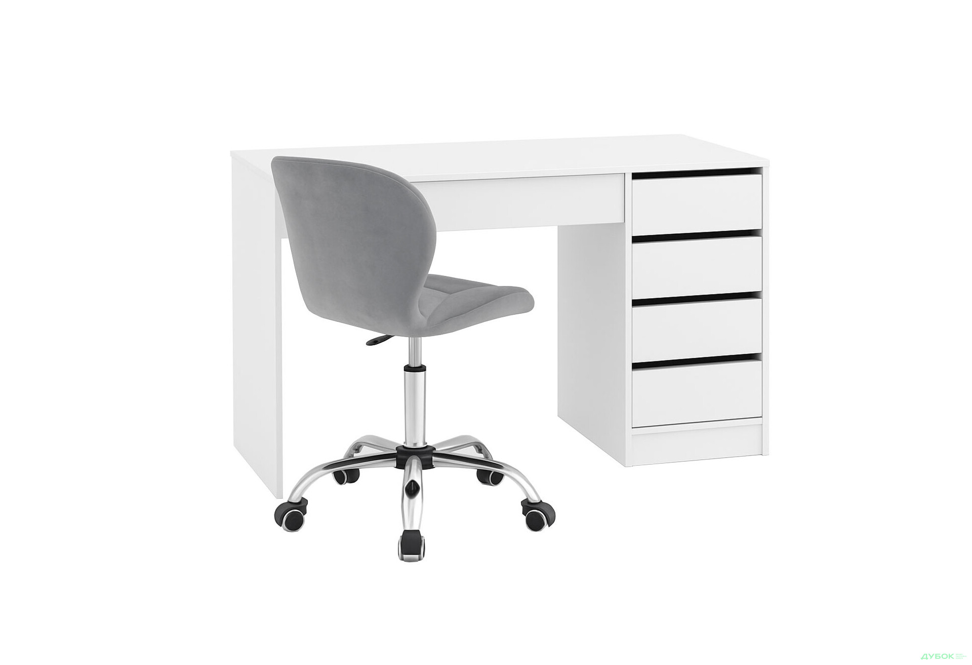 Зображення 1 - Стіл письмовий Kredens furniture Ерго / Ergo 110x55 см правий з 5-ма шухлядами Білий та з кріслом Бетані сірий оксамит