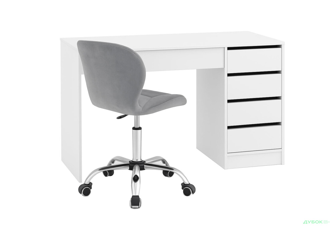 Стіл письмовий Kredens furniture Ерго / Ergo 110x55 см правий з 5-ма шухлядами Білий та з кріслом Бетані сірий оксамит