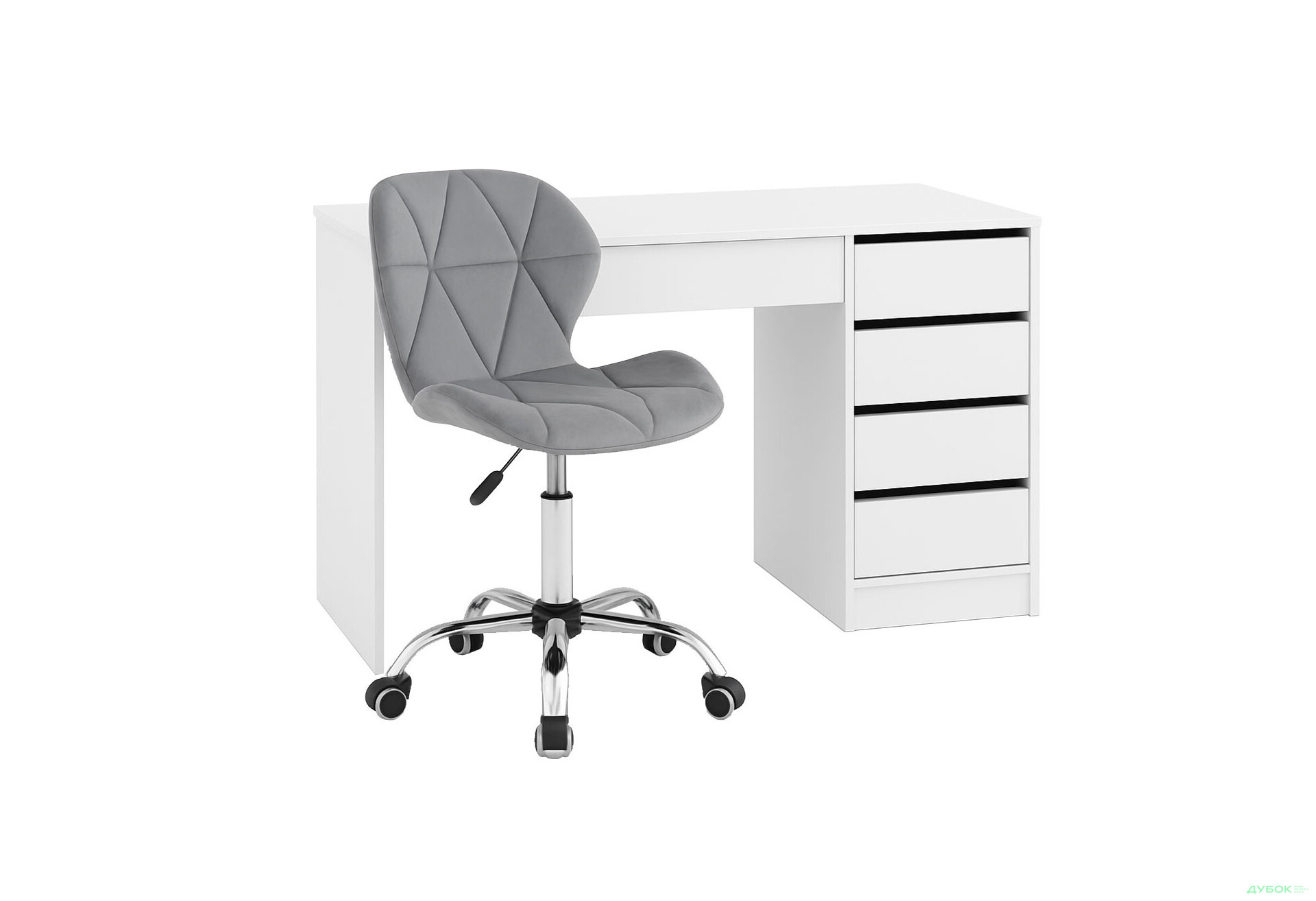 Зображення 2 - Стіл письмовий Kredens furniture Ерго / Ergo 110x55 см правий з 5-ма шухлядами Білий та з кріслом Бетані сірий оксамит