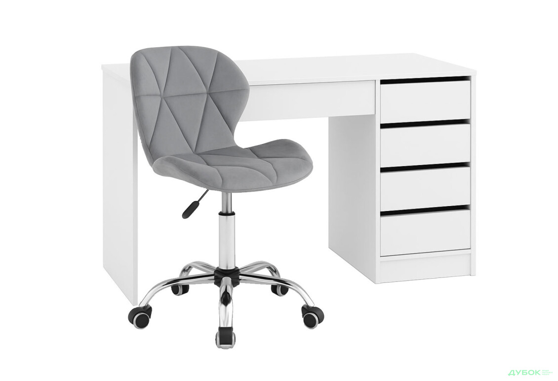 Зображення 2 - Стіл письмовий Kredens furniture Ерго / Ergo 110x55 см правий з 5-ма шухлядами Білий та з кріслом Бетані сірий оксамит