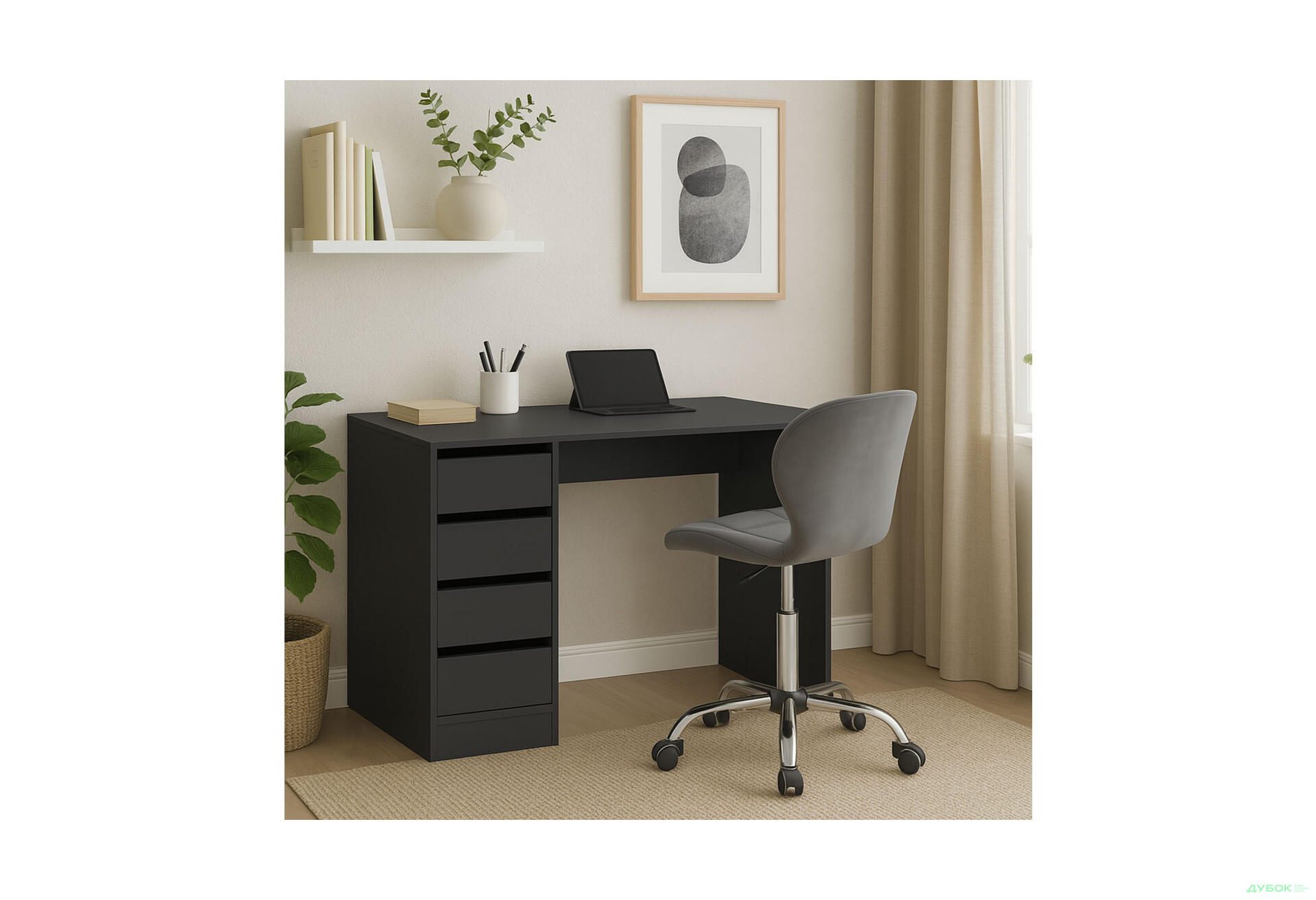 Зображення 2 - Стіл письмовий Kredens furniture Ерго / Ergo 110x55 см лівий з 5-ма шухлядами графіт та з кріслом Бетані сірий оксамит