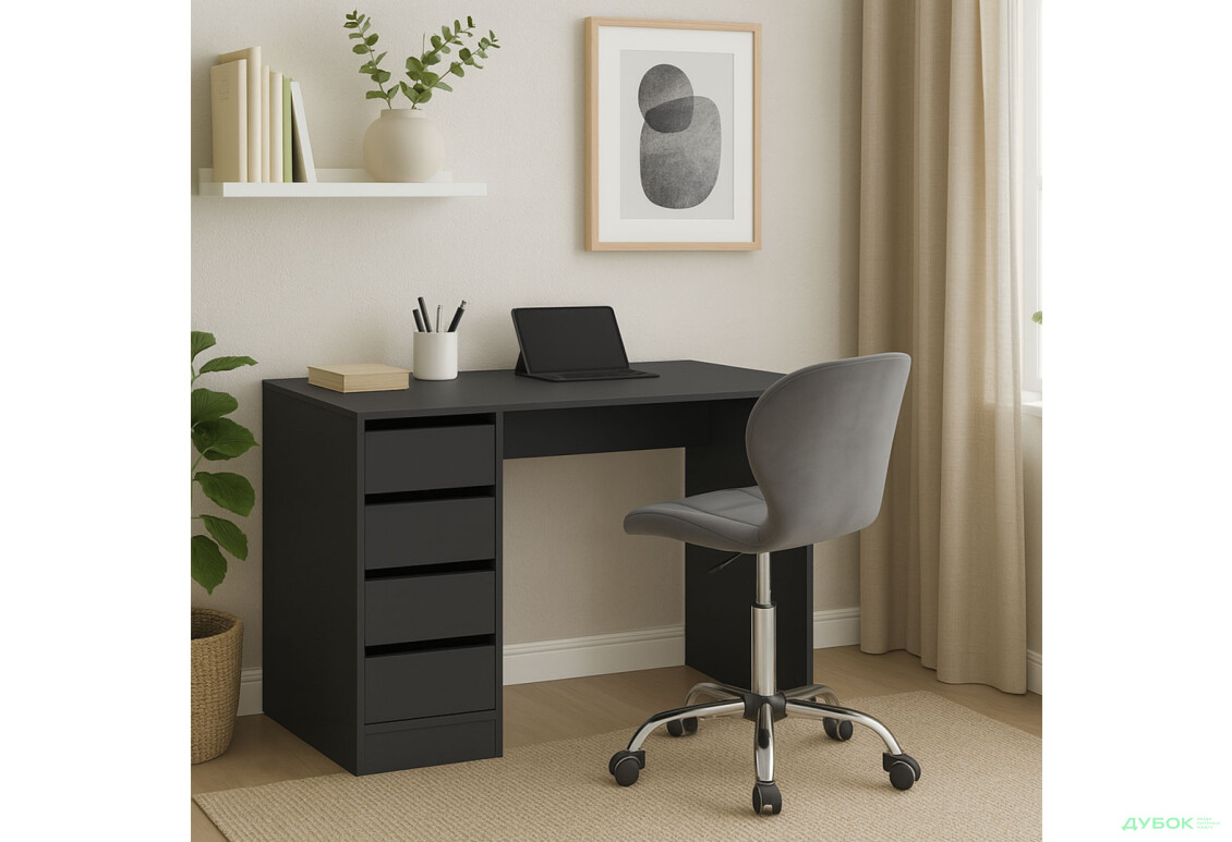 Стіл письмовий Kredens furniture Ерго / Ergo 110x55 см лівий з 5-ма шухлядами графіт та з кріслом Бетані сірий оксамит - Зображення 2 Зображення 2 - Стіл письмовий Kredens furniture Ерго / Ergo 110x55 см лівий з 5-ма шухлядами графіт та з кріслом Бетані сірий оксамит