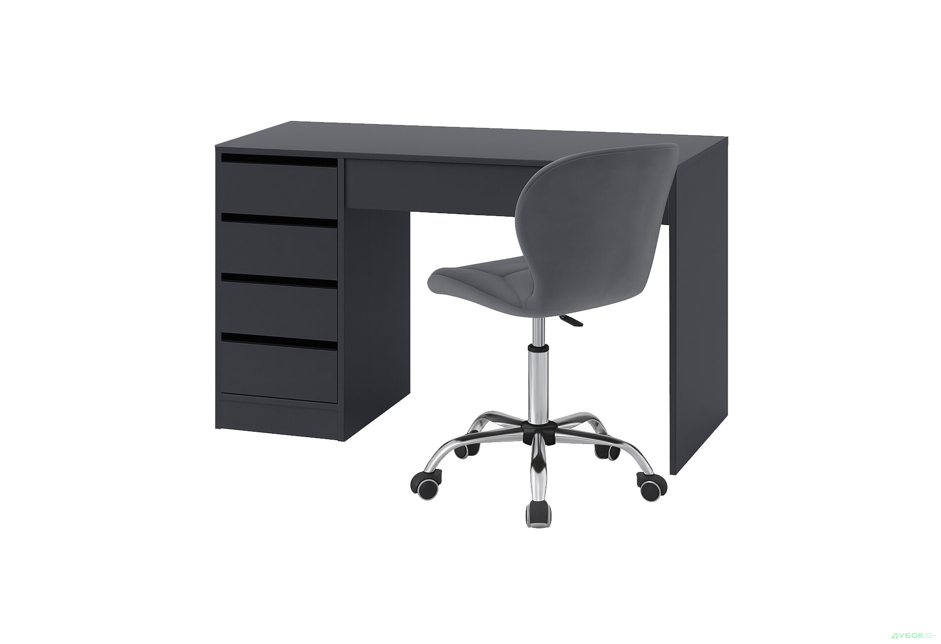 Зображення 1 - Стіл письмовий Kredens furniture Ерго / Ergo 110x55 см лівий з 5-ма шухлядами графіт та з кріслом Бетані сірий оксамит