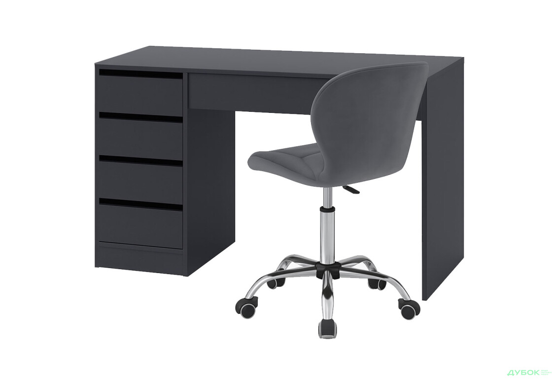 Стіл письмовий Kredens furniture Ерго / Ergo 110x55 см лівий з 5-ма шухлядами графіт та з кріслом Бетані сірий оксамит