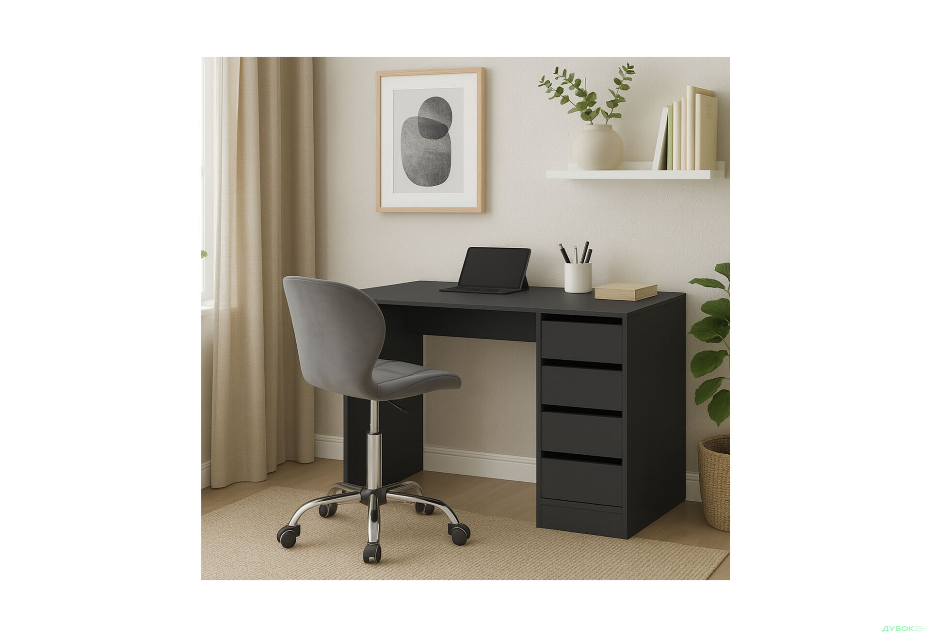 Стіл письмовий Kredens furniture Ерго / Ergo 110x55 см правий з 5-ма шухлядами графіт та з кріслом Бетані сірий оксамит - Зображення 2 Зображення 2 - Стіл письмовий Kredens furniture Ерго / Ergo 110x55 см правий з 5-ма шухлядами графіт та з кріслом Бетані сірий оксамит