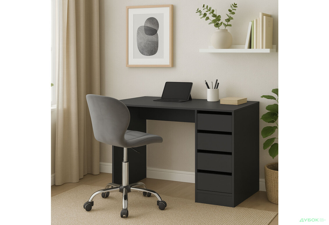 Стіл письмовий Kredens furniture Ерго / Ergo 110x55 см правий з 5-ма шухлядами графіт та з кріслом Бетані сірий оксамит - Зображення 2 Зображення 2 - Стіл письмовий Kredens furniture Ерго / Ergo 110x55 см правий з 5-ма шухлядами графіт та з кріслом Бетані сірий оксамит