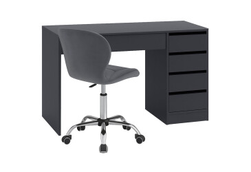 Стіл письмовий Kredens furniture Ерго / Ergo 110x55 см правий з 5-ма шухлядами графіт та з кріслом Бетані сірий оксамит