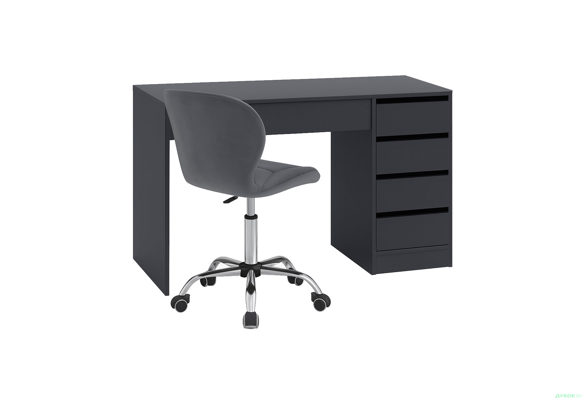 Стіл письмовий Kredens furniture Ерго / Ergo 110x55 см правий з 5-ма шухлядами графіт та з кріслом Бетані сірий оксамит - Зображення 1 Зображення 1 - Стіл письмовий Kredens furniture Ерго / Ergo 110x55 см правий з 5-ма шухлядами графіт та з кріслом Бетані сірий оксамит