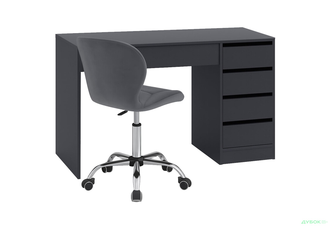 Стіл письмовий Kredens furniture Ерго / Ergo 110x55 см правий з 5-ма шухлядами графіт та з кріслом Бетані сірий оксамит - Зображення 1 Зображення 1 - Стіл письмовий Kredens furniture Ерго / Ergo 110x55 см правий з 5-ма шухлядами графіт та з кріслом Бетані сірий оксамит