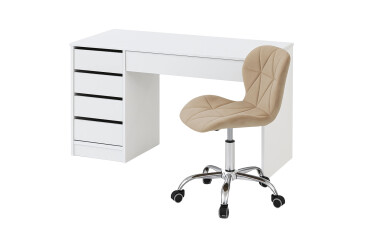 Стіл письмовий Kredens furniture Ерго / Ergo 110x55 см лівий з 5-ма шухлядами Білий з кріслом Бетані бежевий оксамит