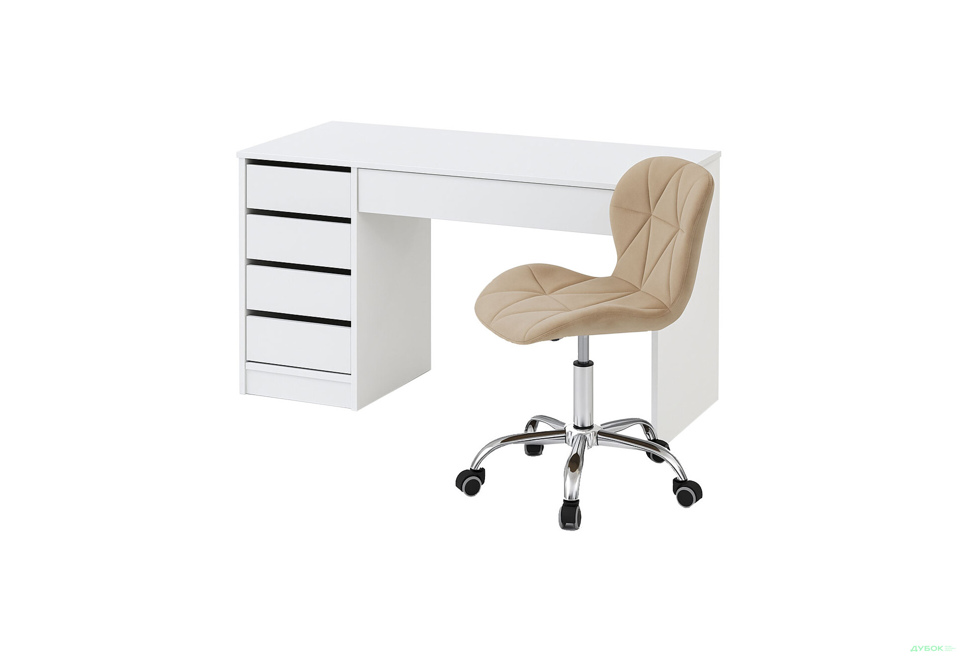 Зображення 1 - Стіл письмовий Kredens furniture Ерго / Ergo 110x55 см лівий з 5-ма шухлядами Білий з кріслом Бетані бежевий оксамит