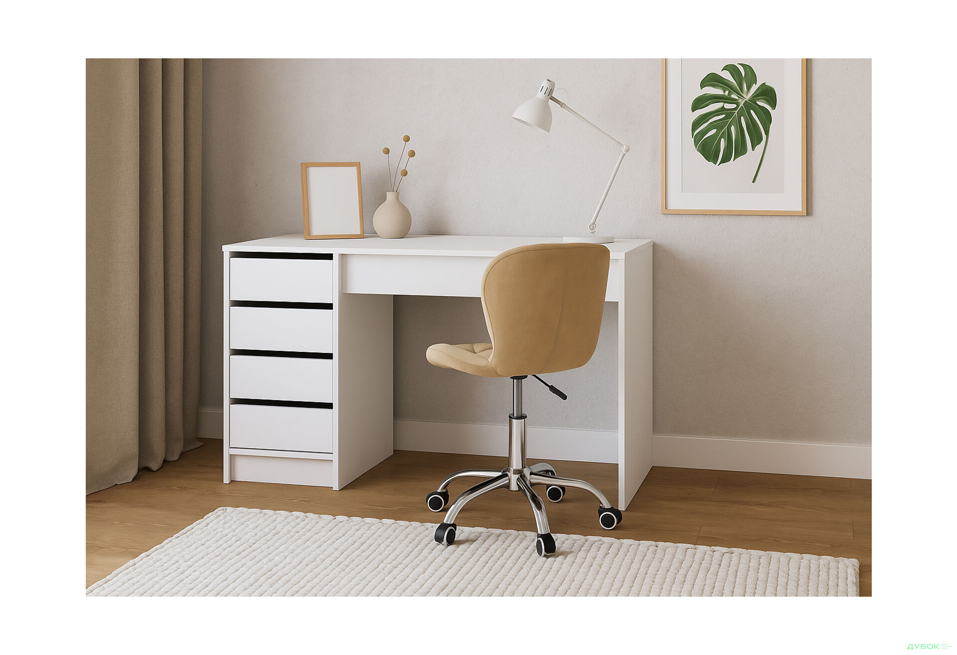 Зображення 2 - Стіл письмовий Kredens furniture Ерго / Ergo 110x55 см лівий з 5-ма шухлядами Білий з кріслом Бетані бежевий оксамит