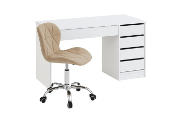 Стіл письмовий Kredens furniture Ерго / Ergo 110x55 см правий з 5-ма шухлядами Білий з кріслом Бетані бежевий оксамит