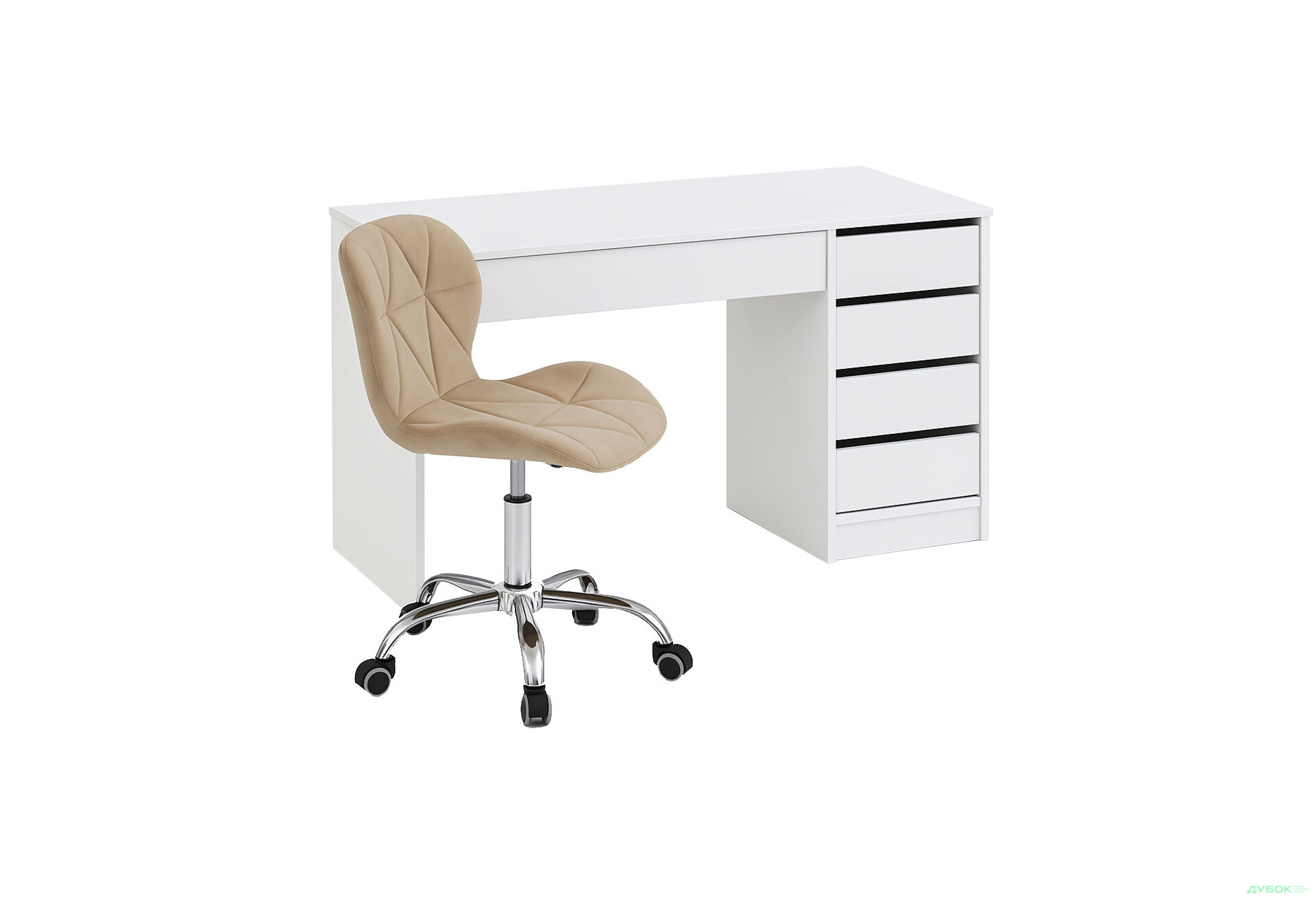 Зображення 1 - Стіл письмовий Kredens furniture Ерго / Ergo 110x55 см правий з 5-ма шухлядами Білий з кріслом Бетані бежевий оксамит