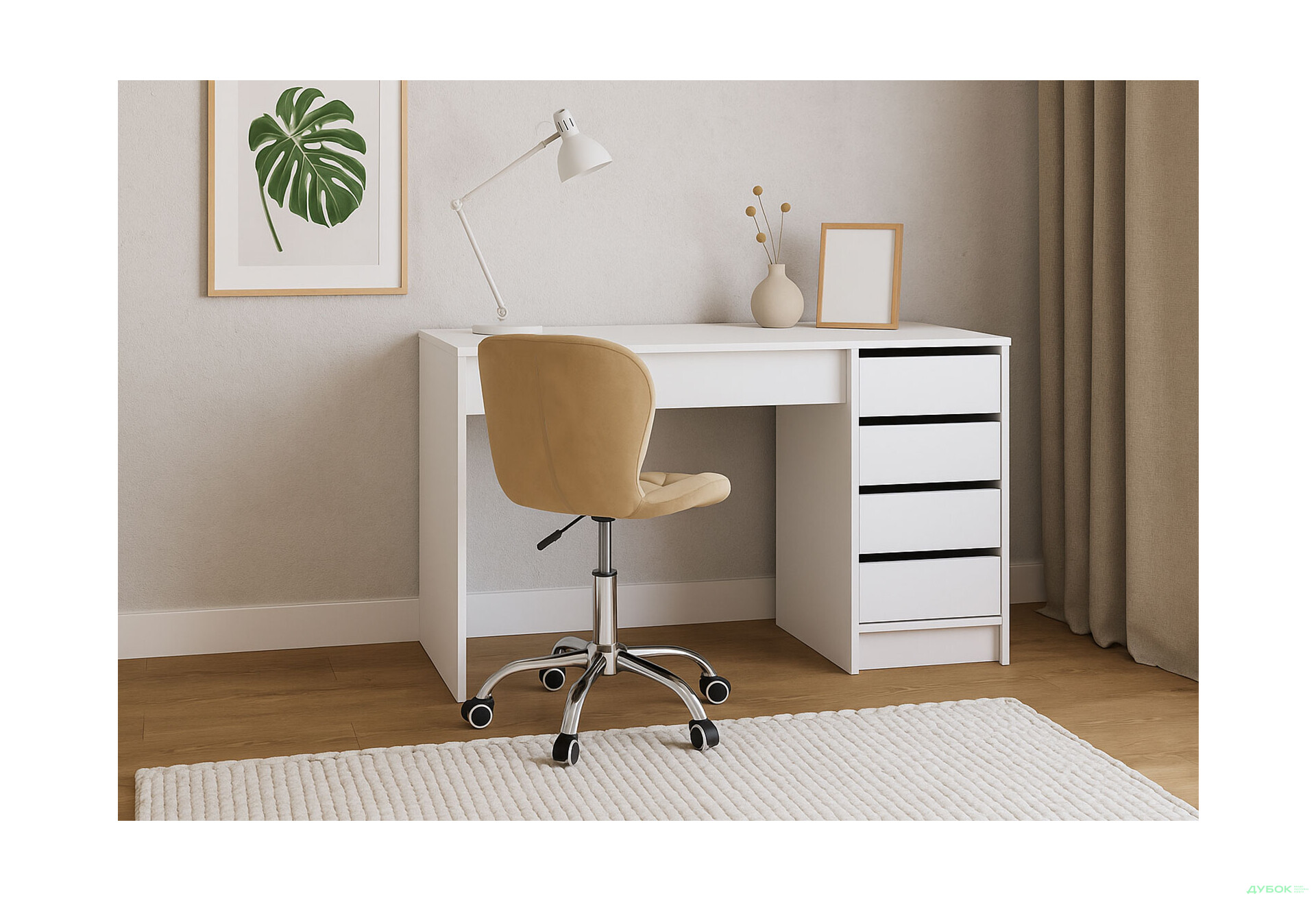 Зображення 2 - Стіл письмовий Kredens furniture Ерго / Ergo 110x55 см правий з 5-ма шухлядами Білий з кріслом Бетані бежевий оксамит
