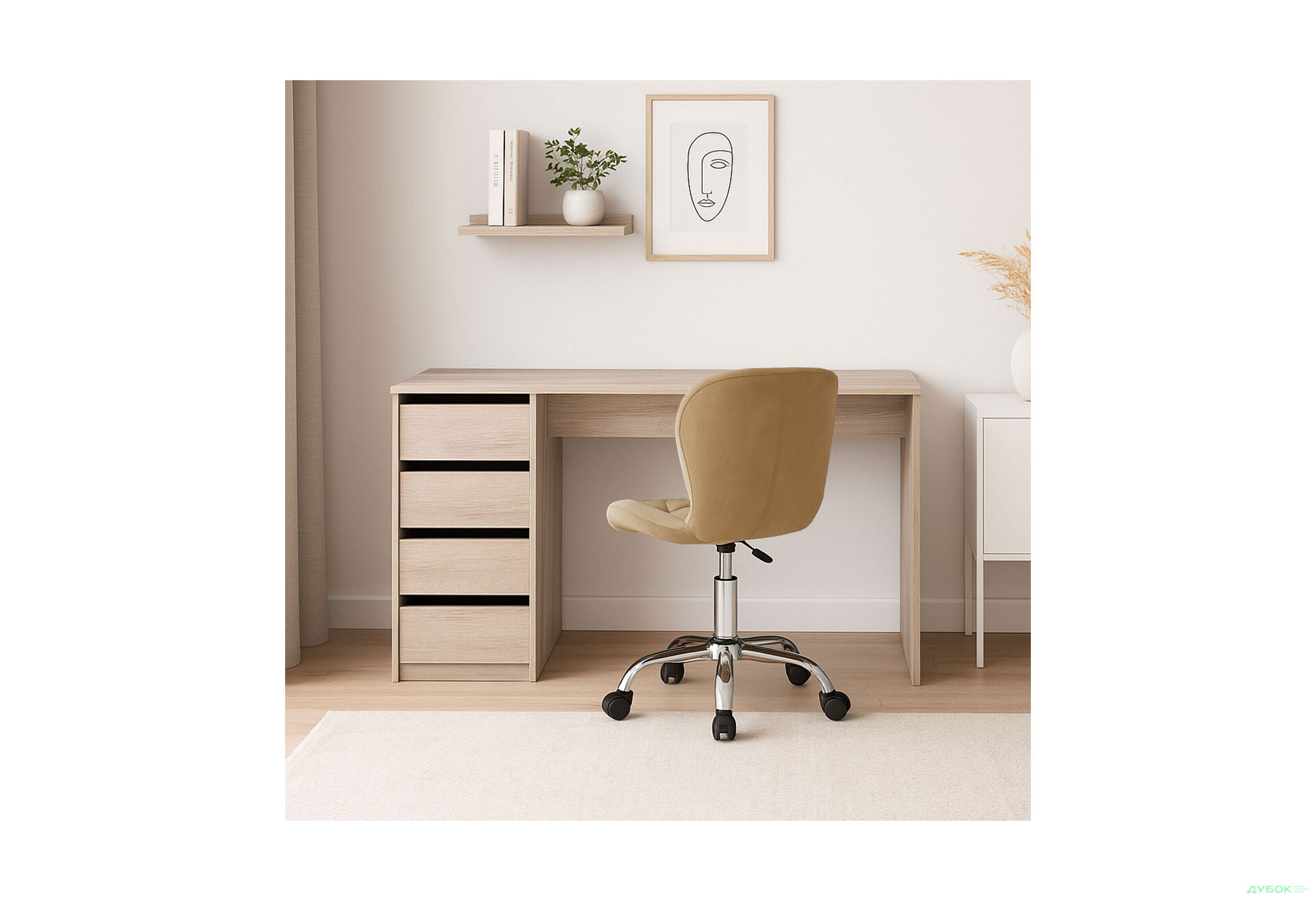Зображення 2 - Стіл письмовий Kredens furniture Ерго / Ergo 110x55 см лівий з 5-ма шухлядами дуб сонома та з кріслом Бетані сірий оксамит