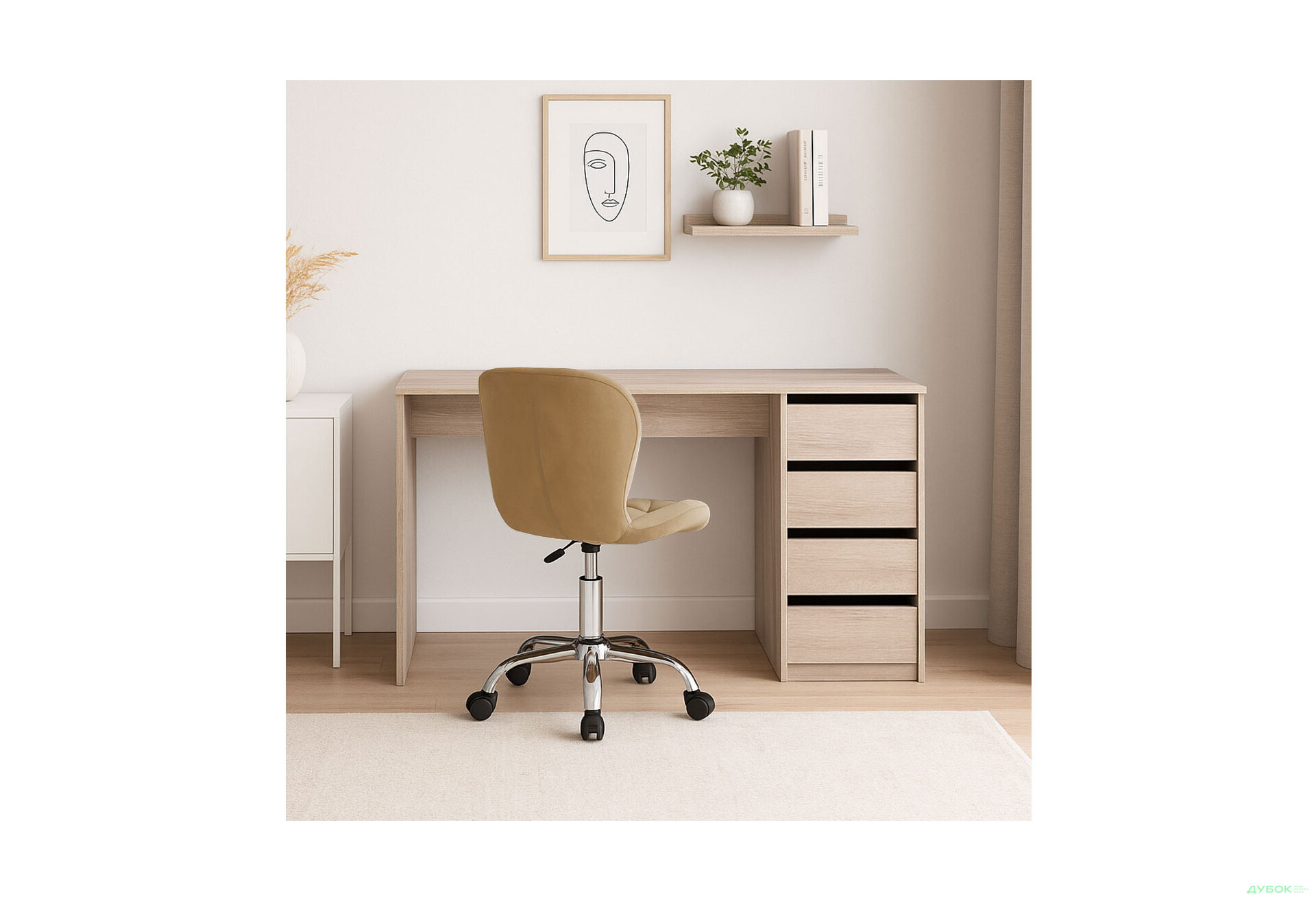 Зображення 2 - Стіл письмовий Kredens furniture Ерго / Ergo 110x55 см правий з 5-ма шухлядами дуб сонома та з кріслом Бетані сірий оксамит