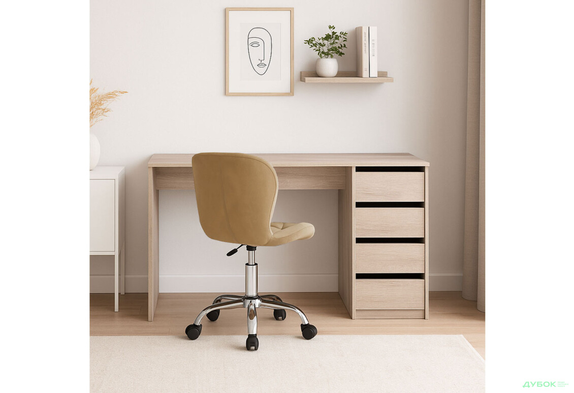 Зображення 2 - Стіл письмовий Kredens furniture Ерго / Ergo 110x55 см правий з 5-ма шухлядами дуб сонома та з кріслом Бетані сірий оксамит