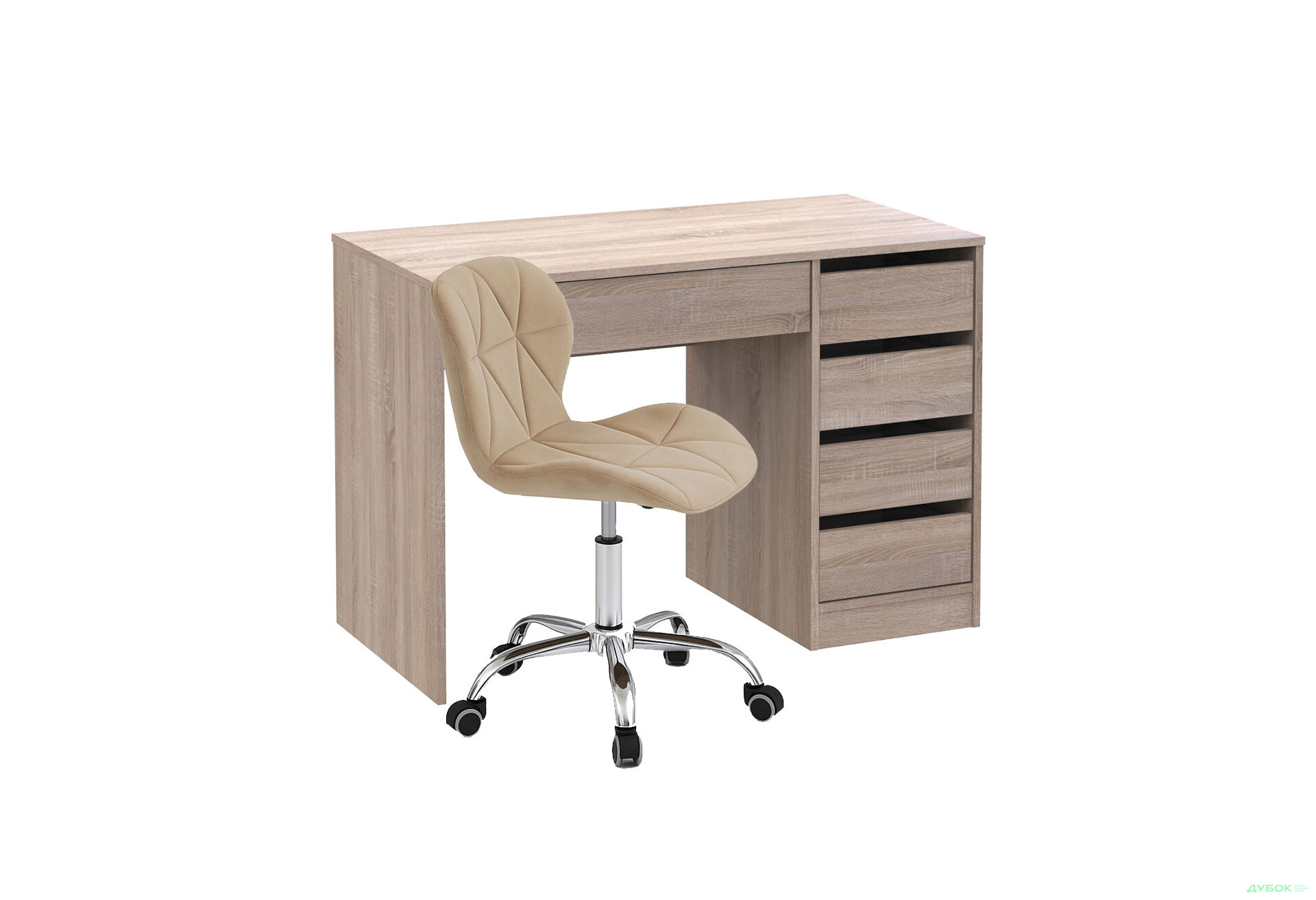 Зображення 1 - Стіл письмовий Kredens furniture Ерго / Ergo 110x55 см правий з 5-ма шухлядами дуб сонома та з кріслом Бетані сірий оксамит