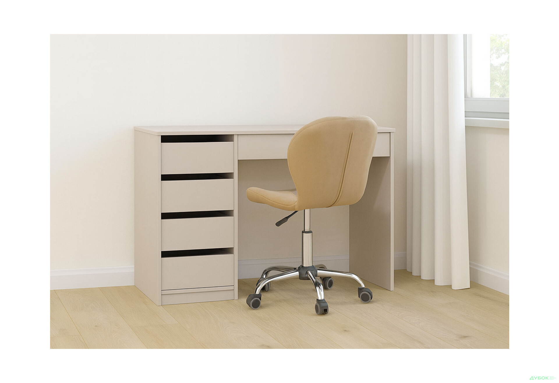 Зображення 2 - Стіл письмовий Kredens furniture Ерго / Ergo 110x55 см лівий з 5-ма шухлядами кашемір та з кріслом Бетані сірий оксамит