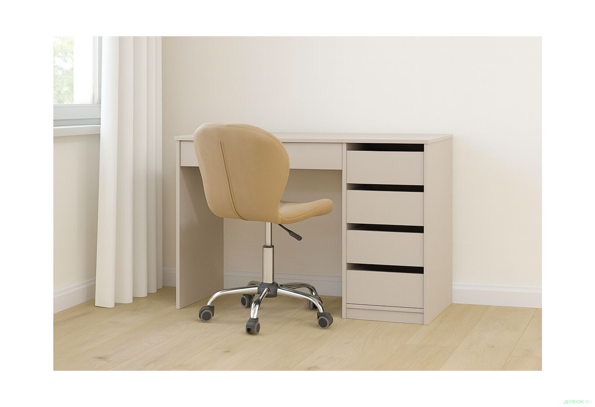 Зображення 2 - Стіл письмовий Kredens furniture Ерго / Ergo 110x55 см правий з 5-ма шухлядами кашемір та з кріслом Бетані сірий оксамит