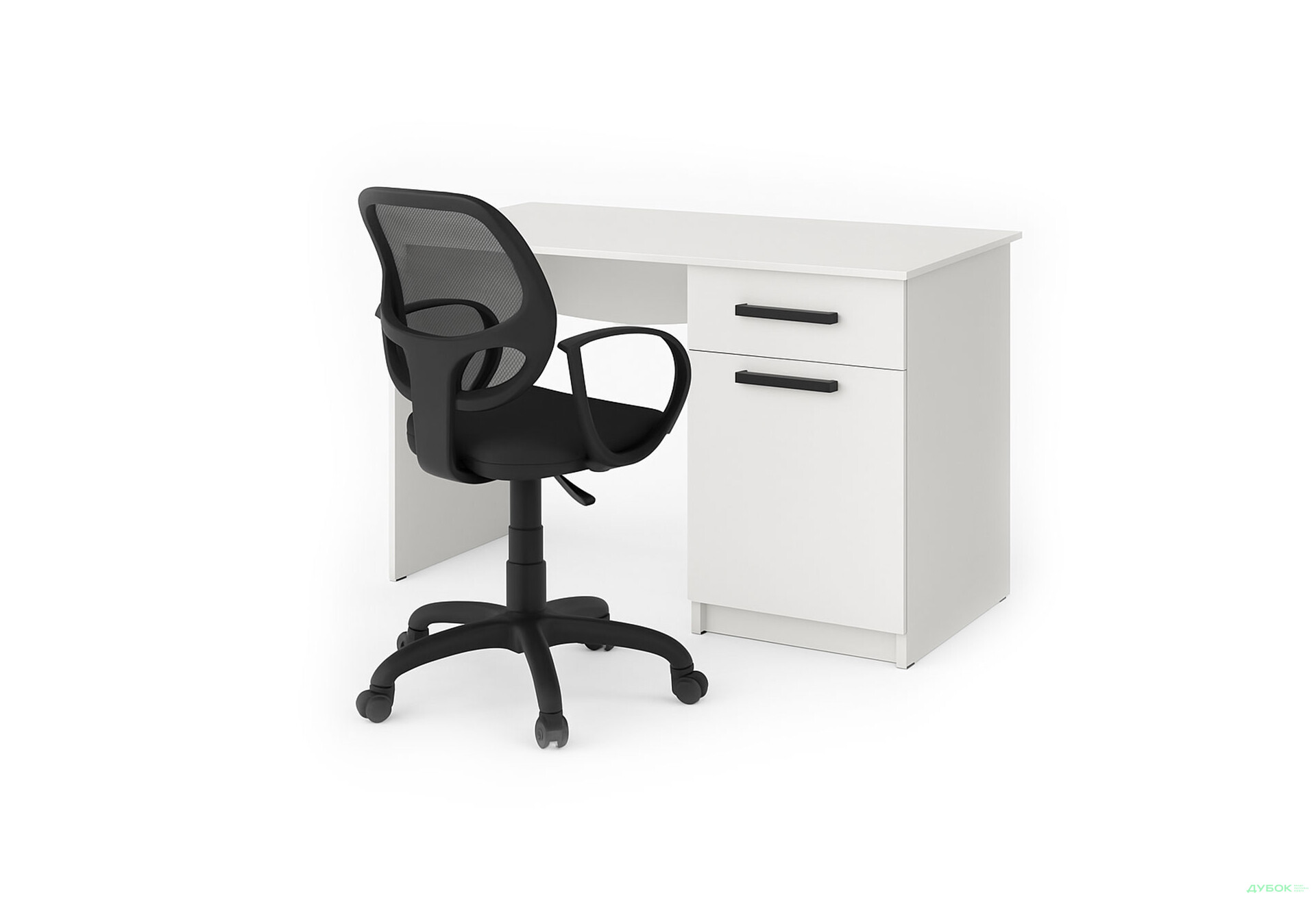 Зображення 1 - Стіл письмовий Kredens furniture СК-2 115x55 см з тумбою і шухлядою, білий сніг, з кріслом Біт чорним