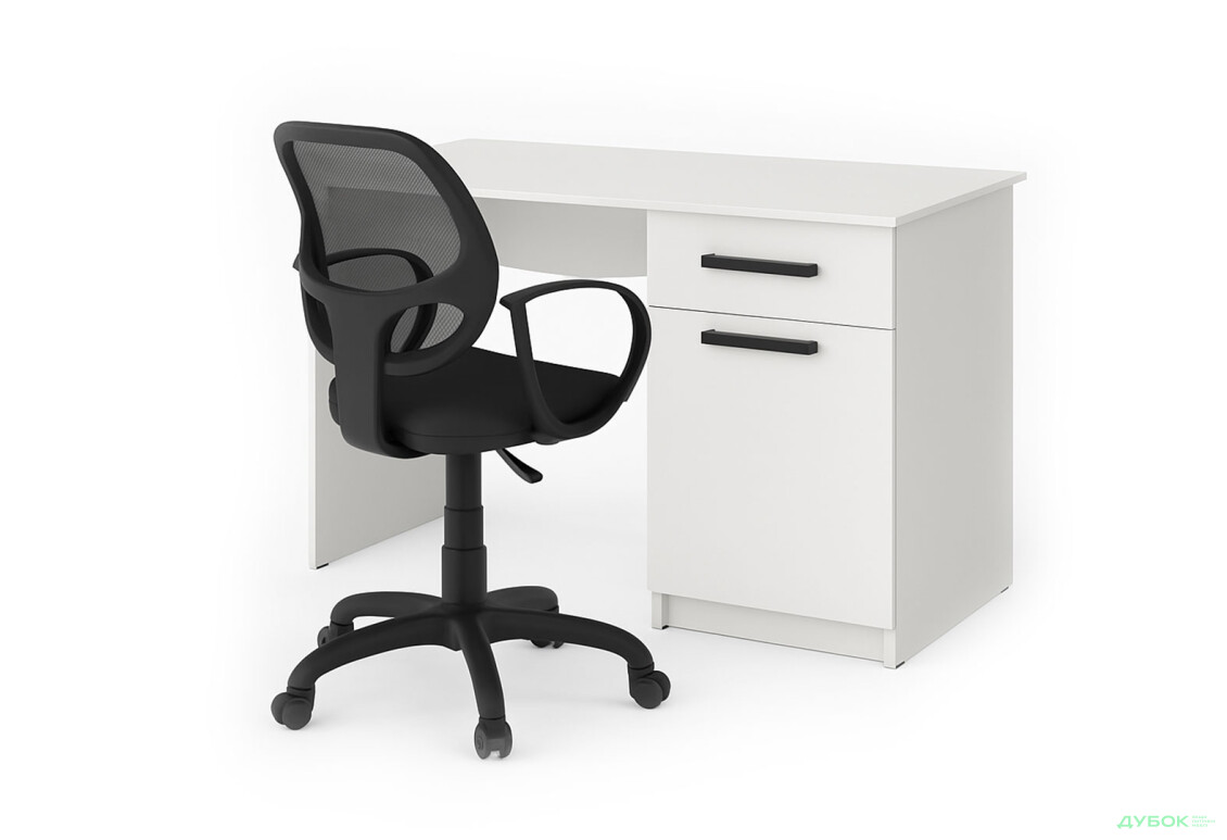 Стіл письмовий Kredens furniture СК-2 115x55 см з тумбою і шухлядою, білий сніг, з кріслом Біт чорним