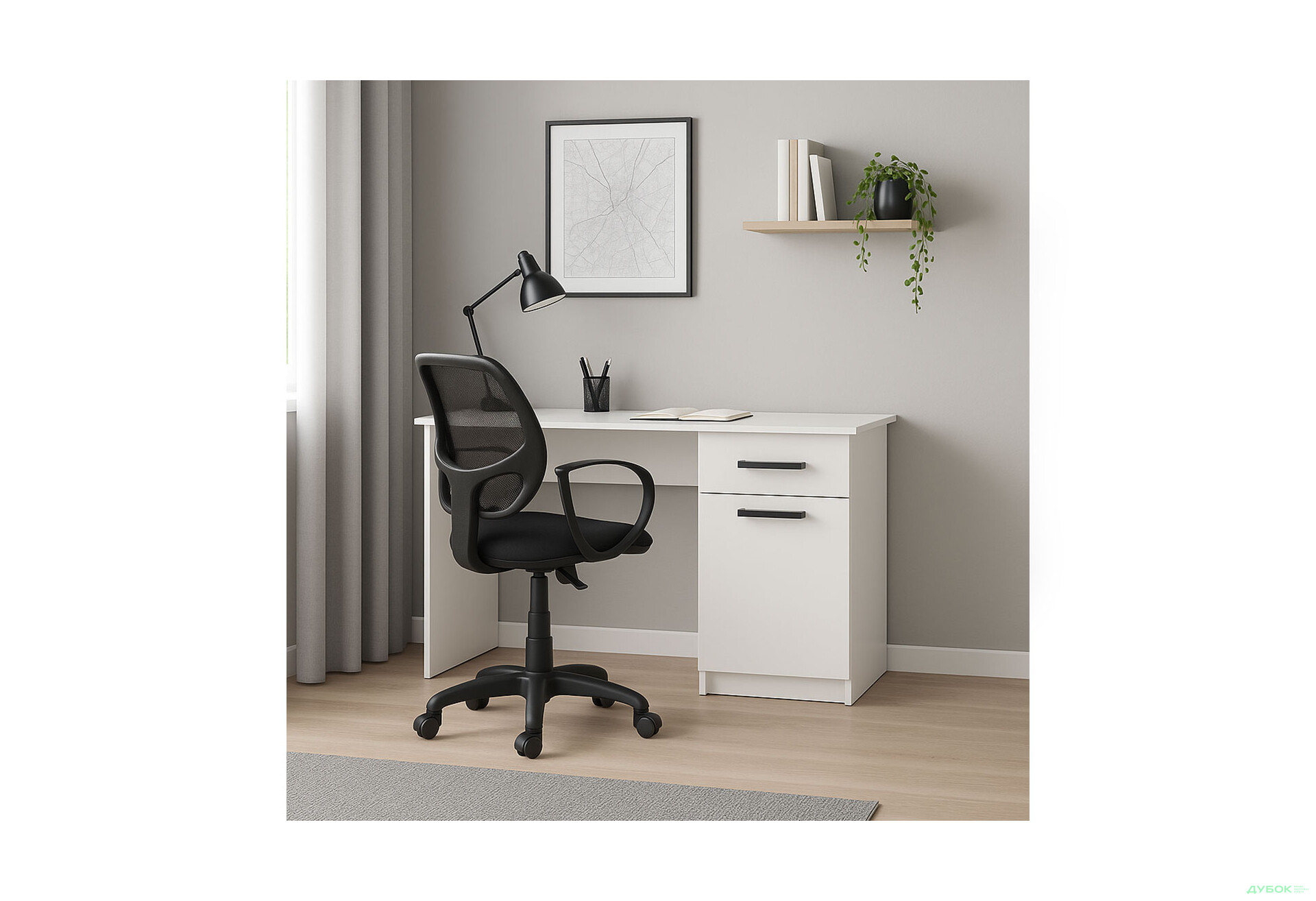 Зображення 2 - Стіл письмовий Kredens furniture СК-2 115x55 см з тумбою і шухлядою, білий сніг, з кріслом Біт чорним