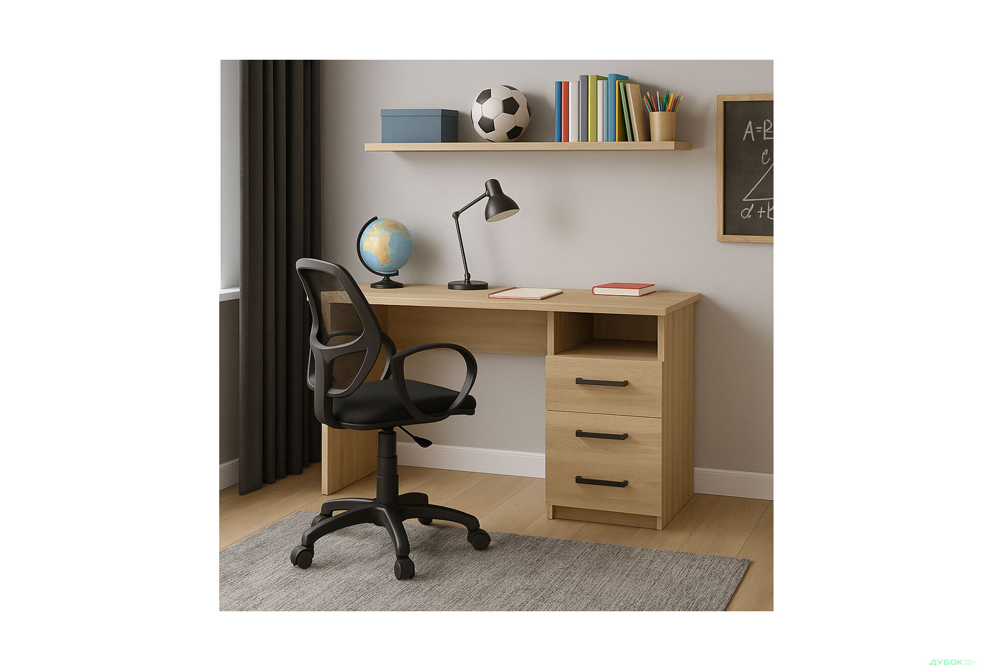 Стол письменный Креденс Фениче СК-3 115x55 см с ящиками дуб сонома, с креслом Бит чёрным - Изображение 2 Изображение 2 - Стол письменный Креденс Фениче СК-3 115x55 см с ящиками дуб сонома, с креслом Бит чёрным