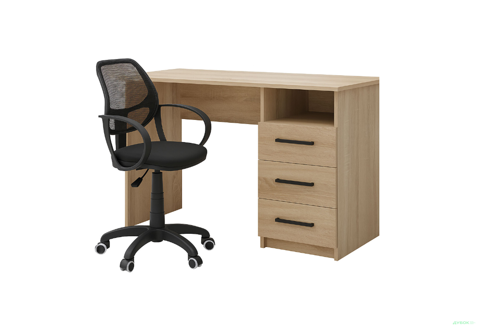 Стол письменный Креденс Фениче СК-3 115x55 см с ящиками дуб сонома, с креслом Бит чёрным - Изображение 1 Изображение 1 - Стол письменный Креденс Фениче СК-3 115x55 см с ящиками дуб сонома, с креслом Бит чёрным