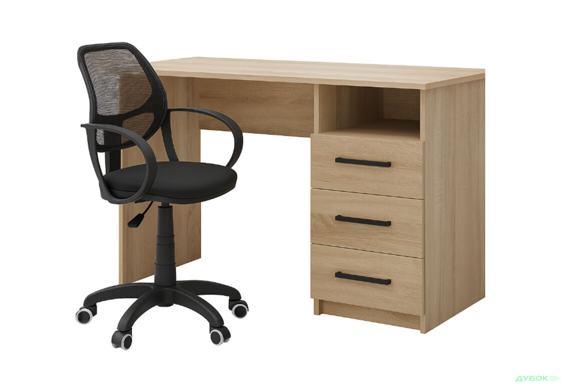 Стол письменный Креденс Фениче СК-3 115x55 см с ящиками дуб сонома, с креслом Бит чёрным - Изображение 1 Изображение 1 - Стол письменный Креденс Фениче СК-3 115x55 см с ящиками дуб сонома, с креслом Бит чёрным