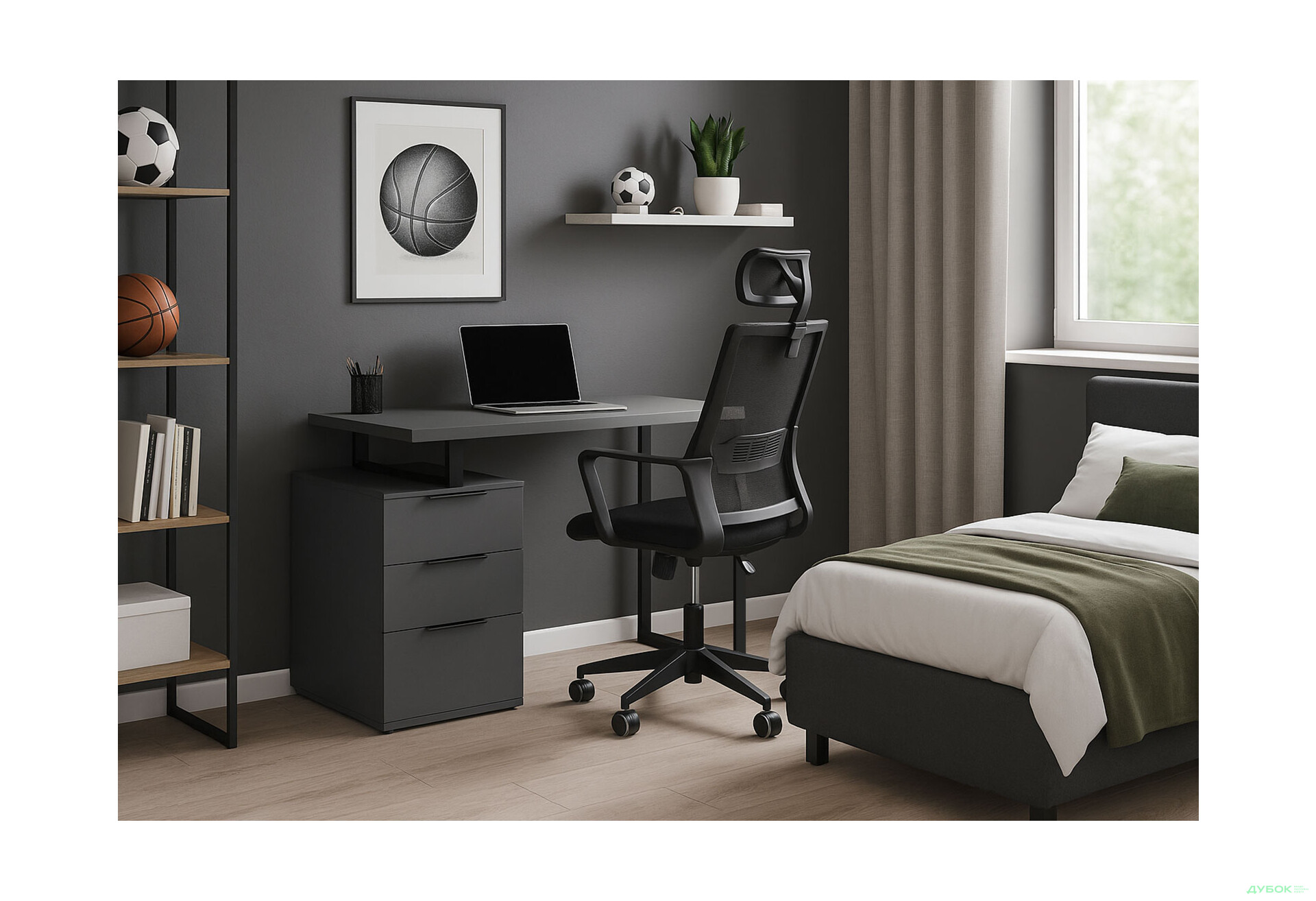 Стіл письмовий Moreli МХ0003 120x60 см з шухлядами, антрацит та з кріслом Matrix HR чорним - Зображення 2 Зображення 2 - Стіл письмовий Moreli МХ0003 120x60 см з шухлядами, антрацит та з кріслом Matrix HR чорним