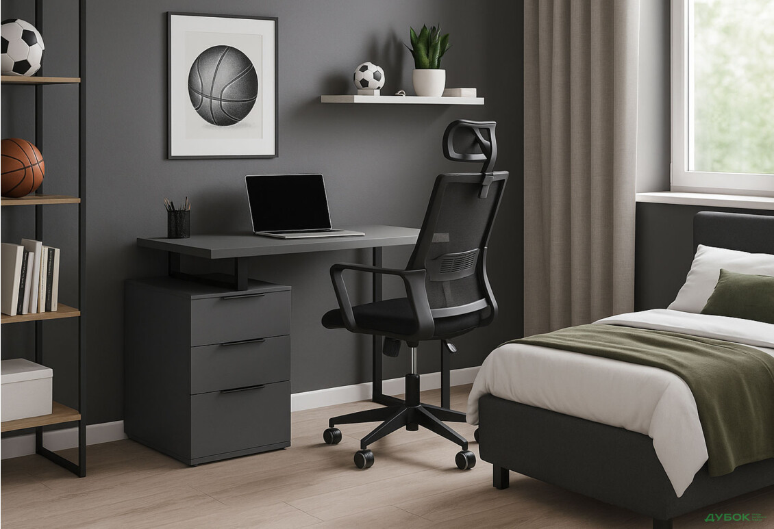 Стіл письмовий Moreli МХ0003 120x60 см з шухлядами, антрацит та з кріслом Matrix HR чорним - Зображення 2 Зображення 2 - Стіл письмовий Moreli МХ0003 120x60 см з шухлядами, антрацит та з кріслом Matrix HR чорним