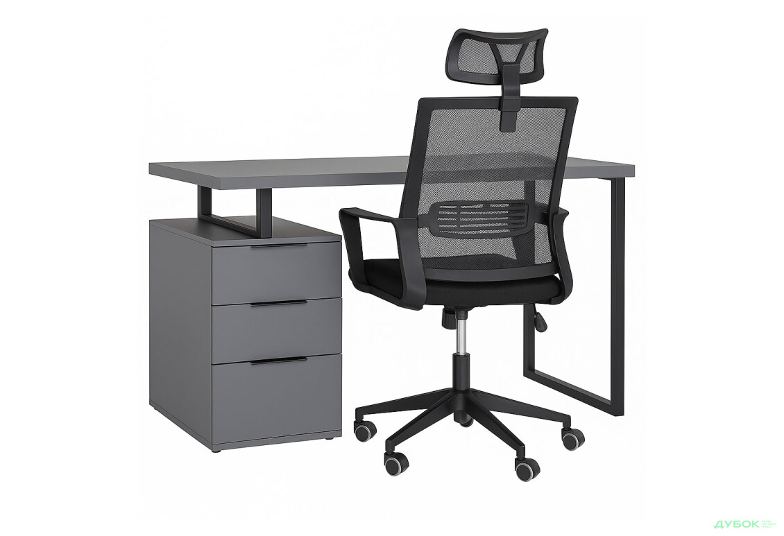 Стіл письмовий Moreli МХ0003 120x60 см з шухлядами, антрацит та з кріслом Matrix HR чорним - Зображення 1 Зображення 1 - Стіл письмовий Moreli МХ0003 120x60 см з шухлядами, антрацит та з кріслом Matrix HR чорним