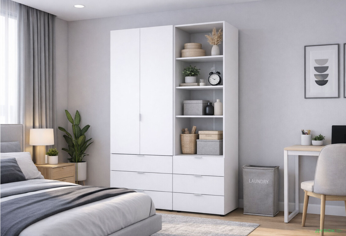 Изображение 2 - Шкаф Doros Гелар 2 ДСП 2-дверная с ящиками и пеналом с открытыми полками 137.5 см Белый