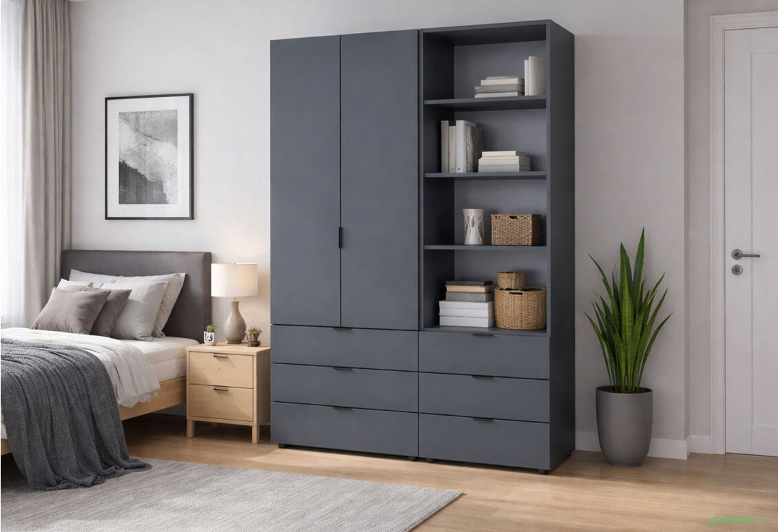 Зображення 2 - Шафа Doros Гелар 2 ДСП 2-дверна з шухлядами та пеналом з відкритими полицями 137.5 см Графіт