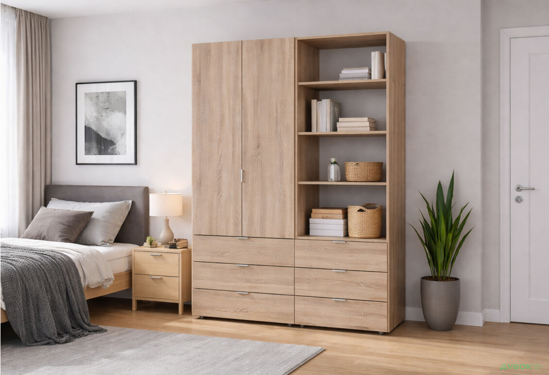 Изображение 2 - Шкаф Doros Гелар 2 ДСП 2-дверная с ящиками и пеналом с открытыми полками 137.5 см Дуб сонома