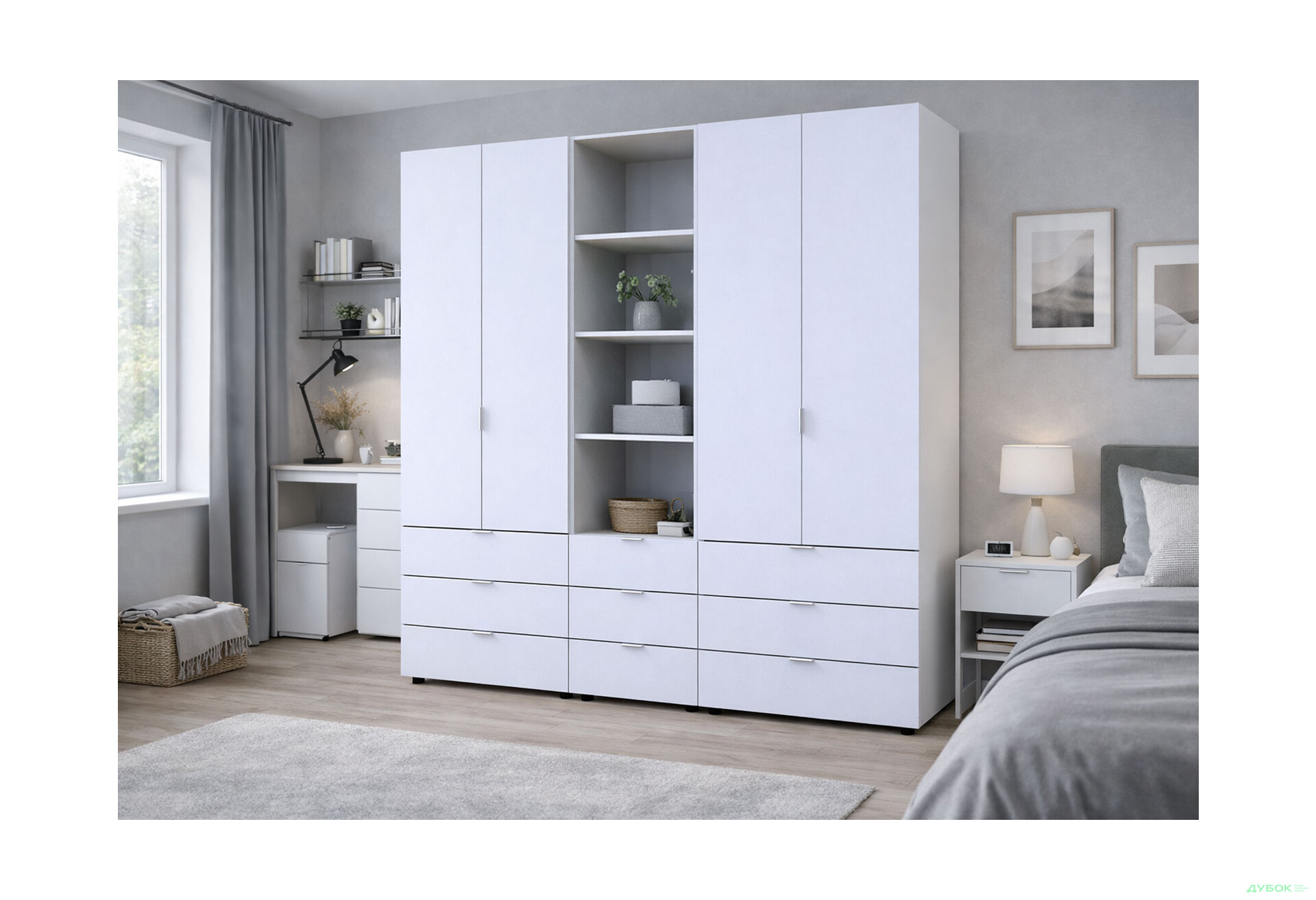 Изображение 2 - Шкаф Doros Гелар 2+2 ДСП 4-дверная с ящиками и пеналом с открытыми полками 215 см Белый