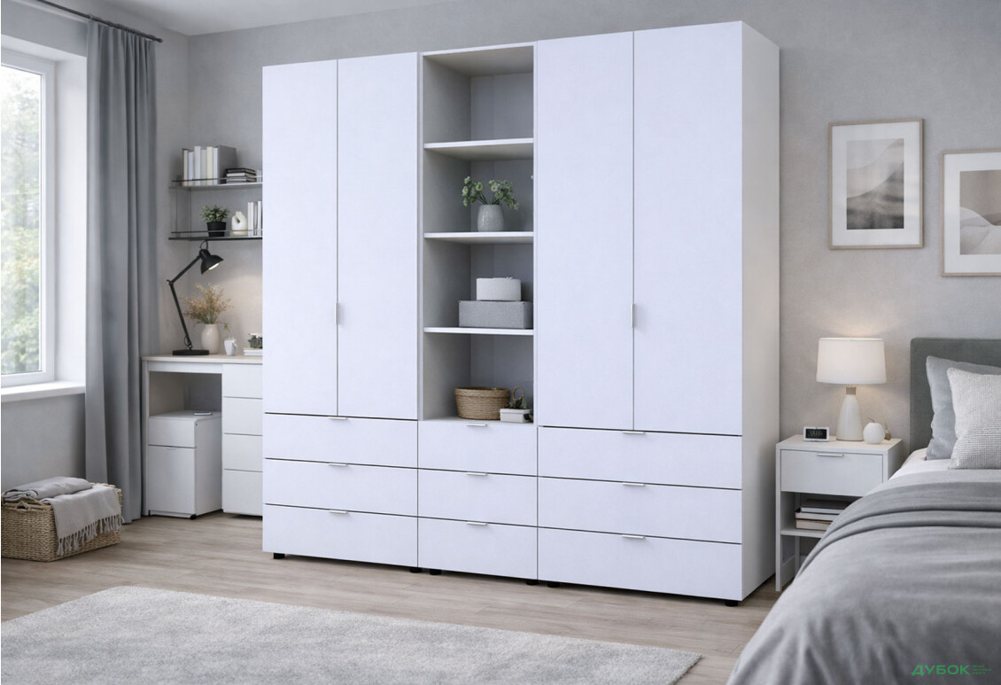 Изображение 2 - Шкаф Doros Гелар 2+2 ДСП 4-дверная с ящиками и пеналом с открытыми полками 215 см Белый