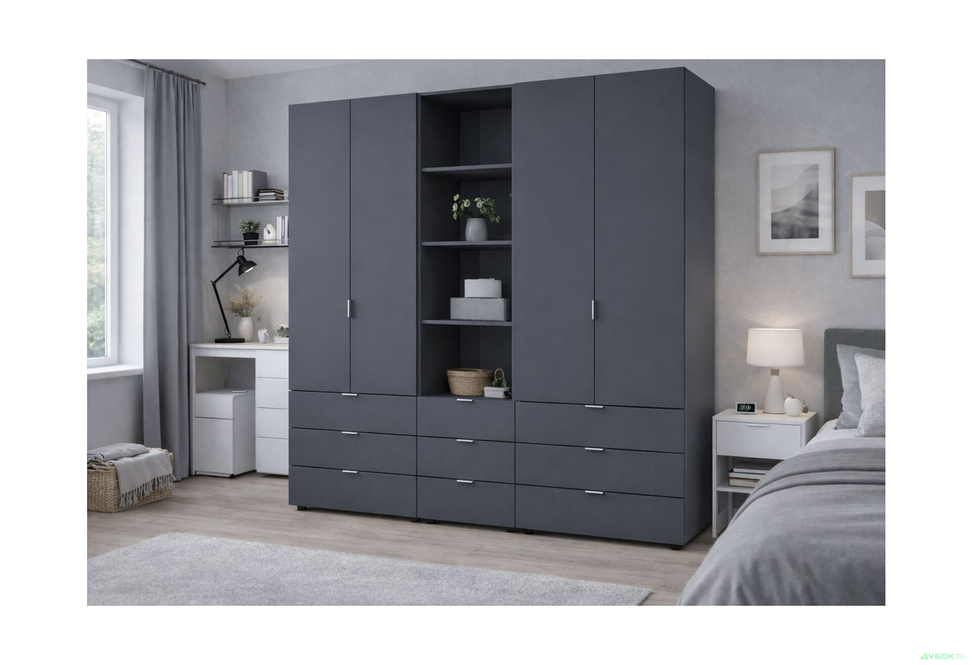Изображение 2 - Шкаф Doros Гелар 2+2 ДСП 4-дверная с ящиками и пеналом с открытыми полками 215 см Графит